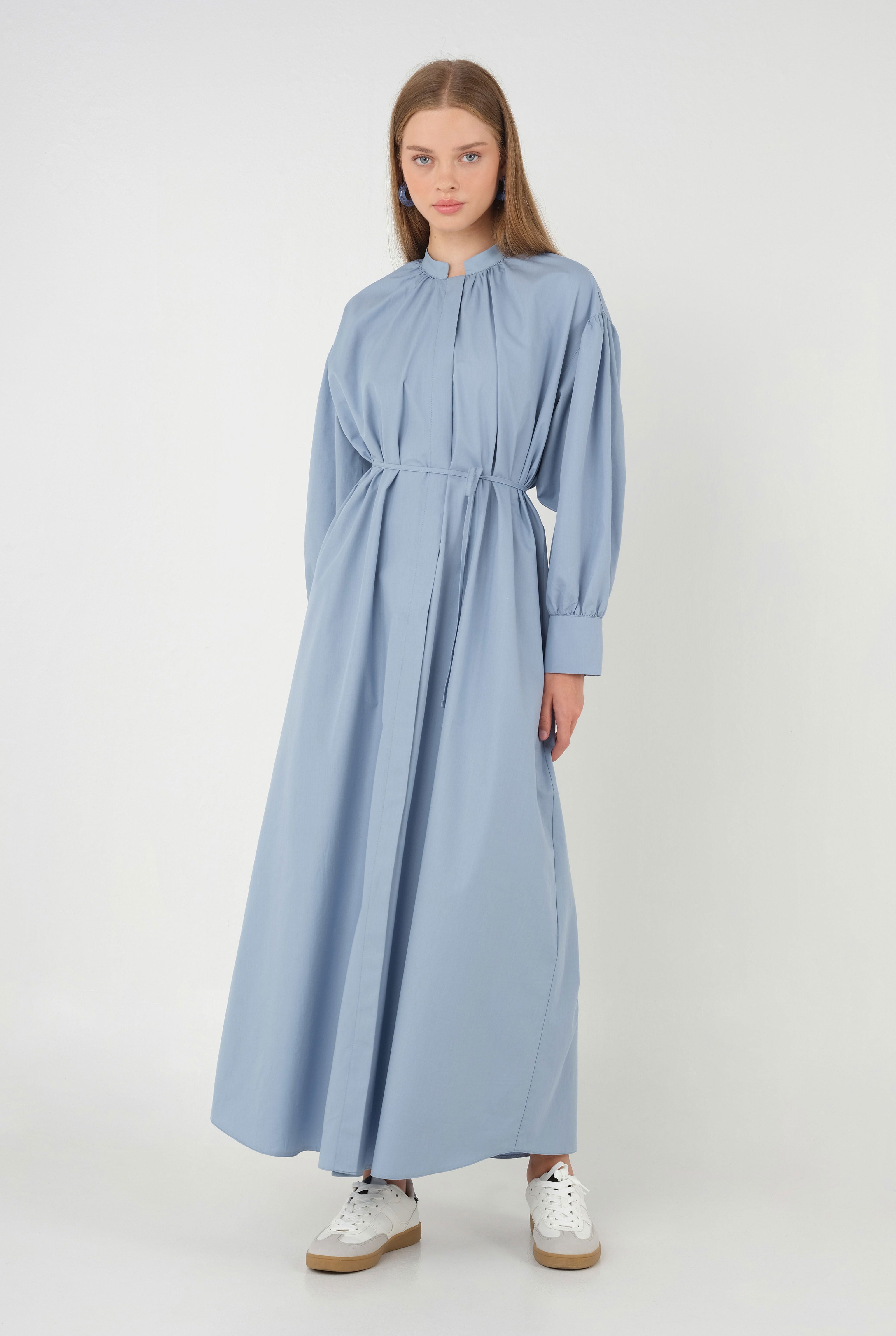 Poplin Dress with Gathered Collar, Pastel Blue