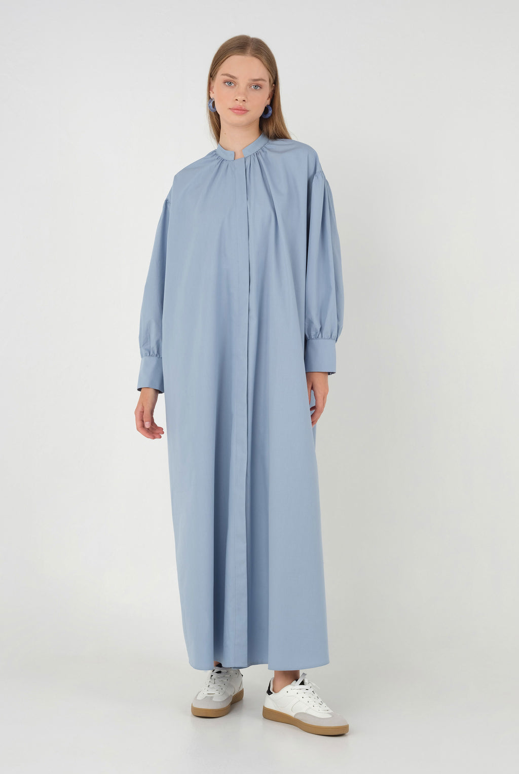 Poplin Dress with Gathered Collar, Pastel Blue