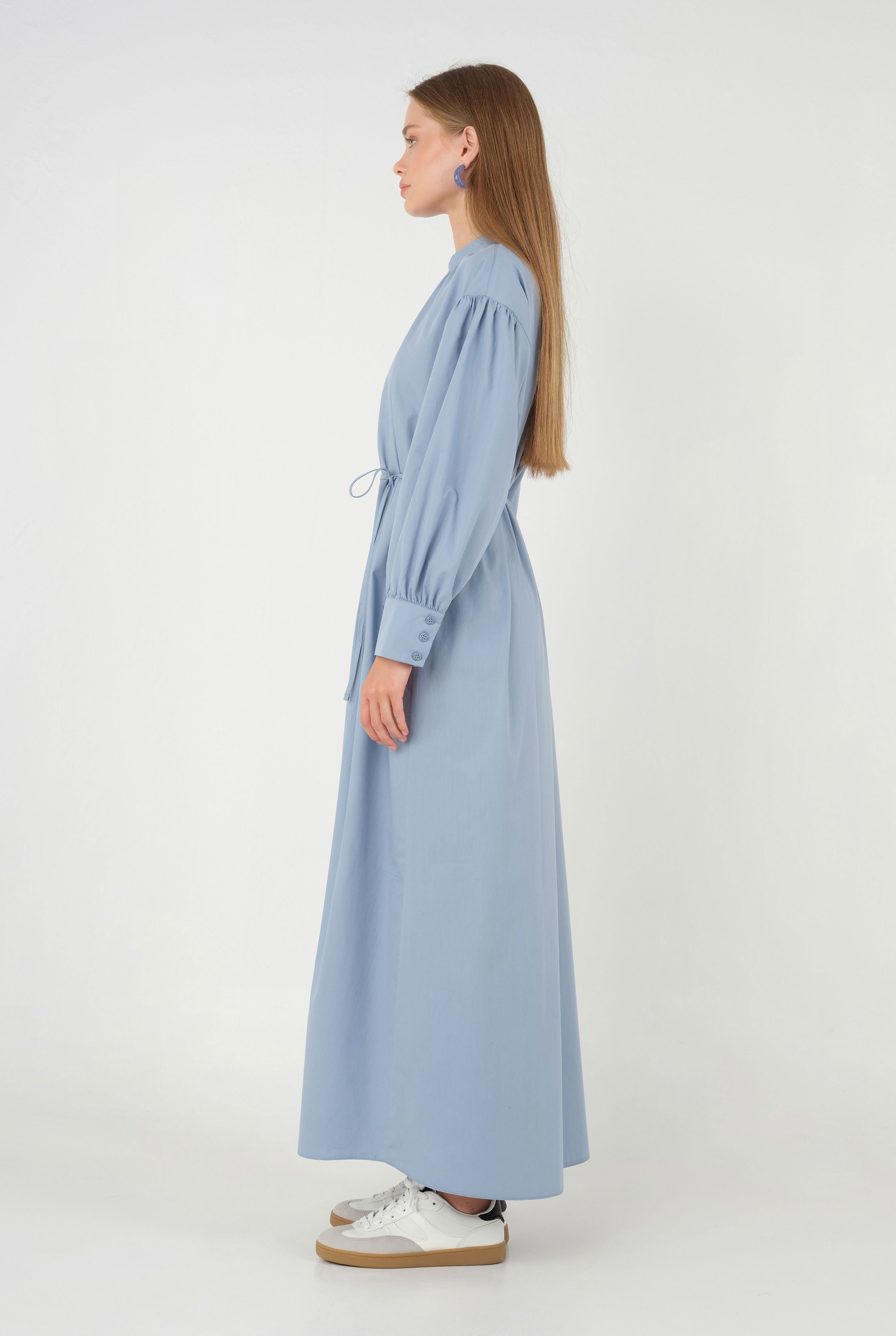 Poplin Dress with Gathered Collar, Pastel Blue