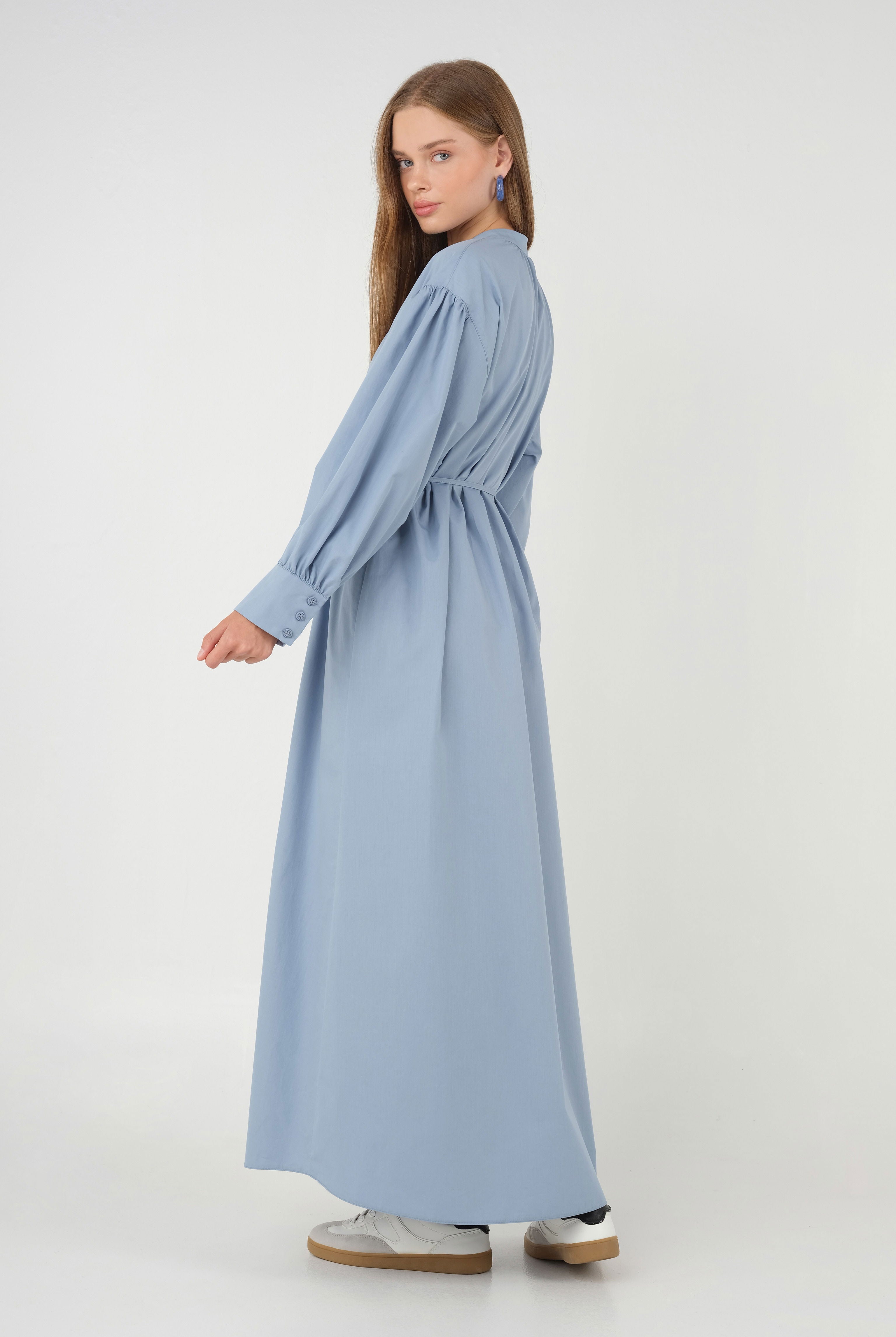 Poplin Dress with Gathered Collar, Pastel Blue