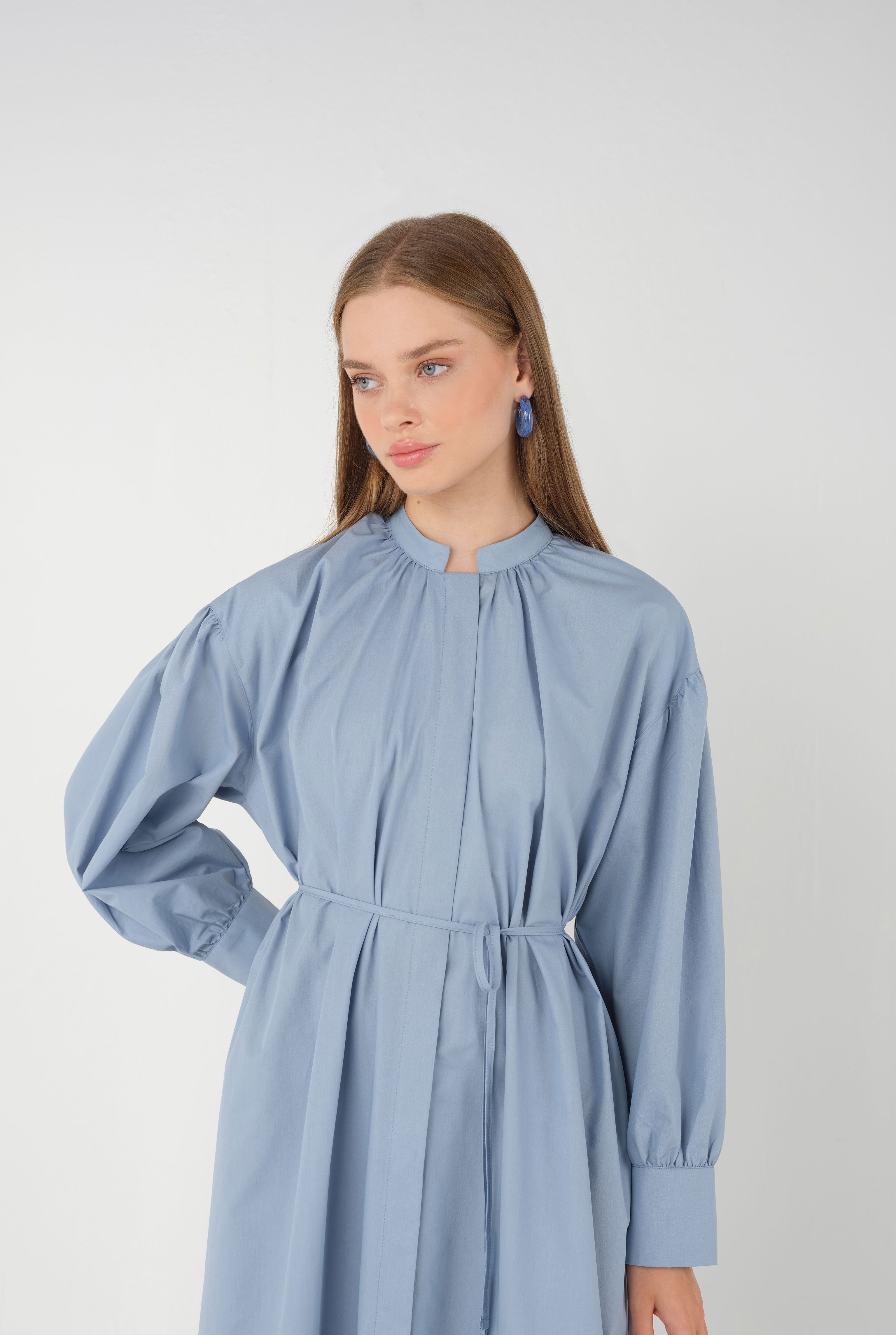 Poplin Dress with Gathered Collar, Pastel Blue