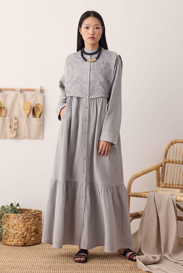 Reverse Front Muslin Dress Light Grey