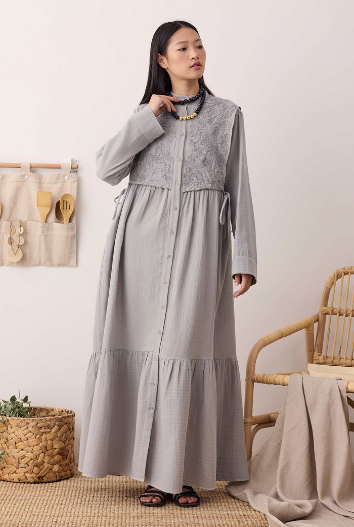 Reverse Front Muslin Dress Light Grey